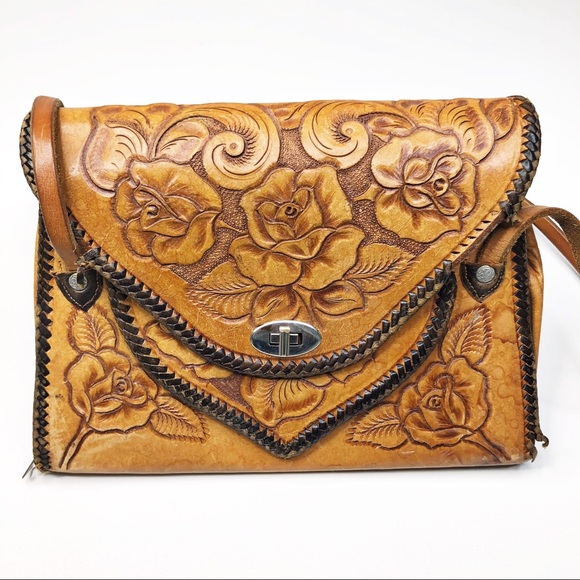Vintage Handbags - Hand Tooled Leather Purse - Roses